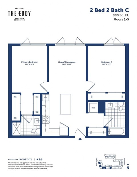 the floor plan of 2 bed 2 bath c plan